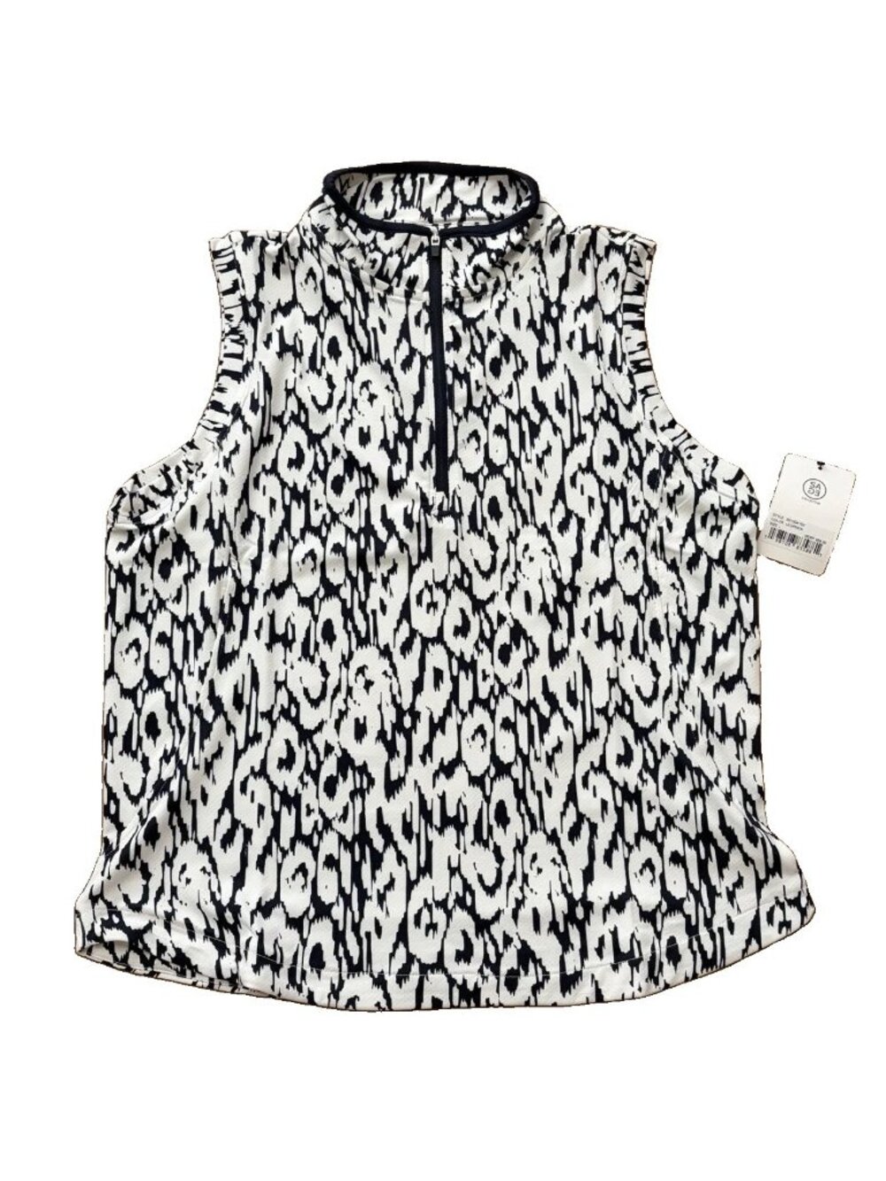 Sage Collective L White Navy Leopard Print Sleeveless Golf Polo 1/4 Zip Top NWT